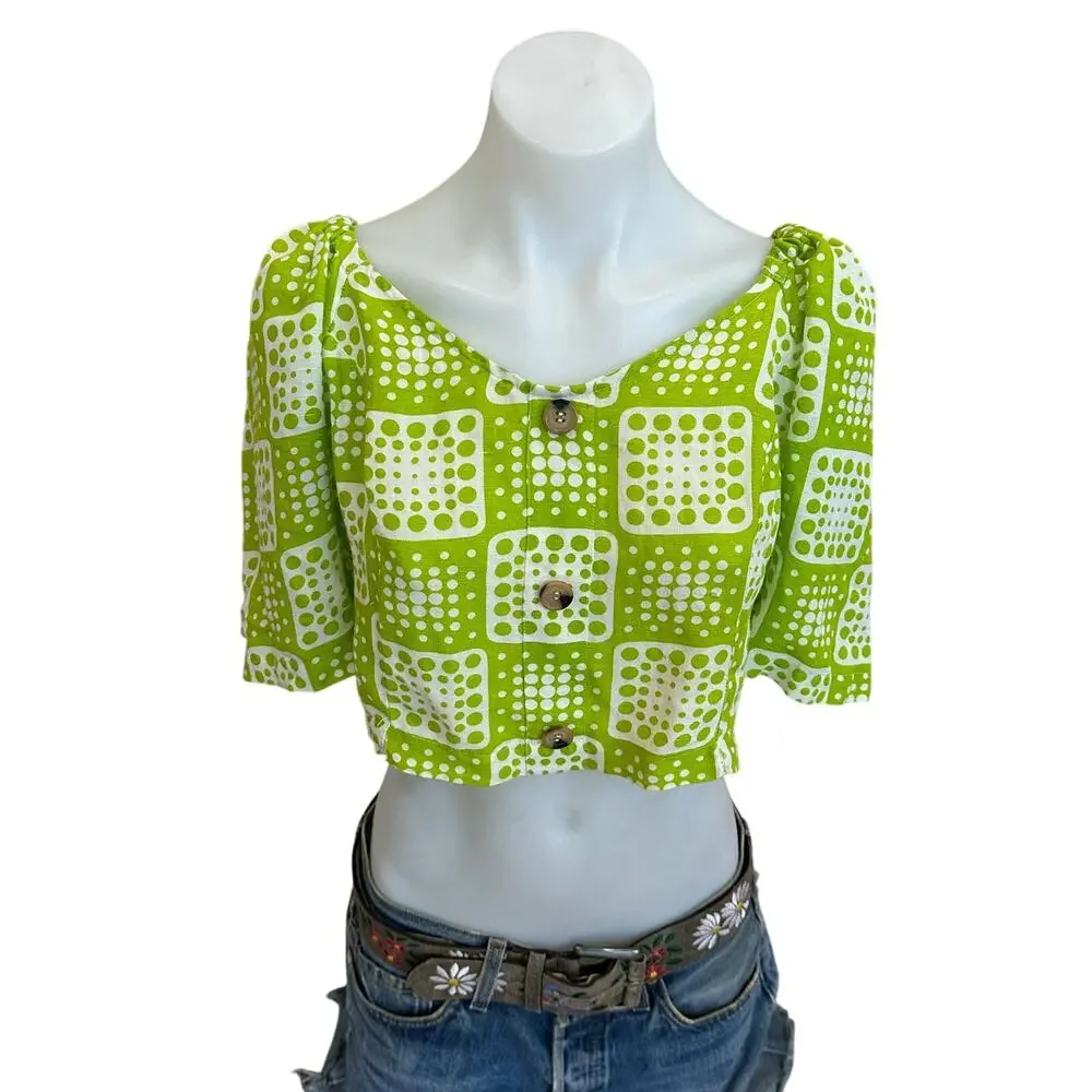 The Odells Patchwork Crop Top LARGE Bright Green Smocked Linen Designer $148 - Picture 6 of 10